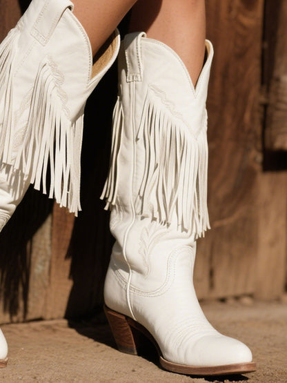【24-hour shipping out】Women's Western Embroidered Tassel Leather Cowboy Boots