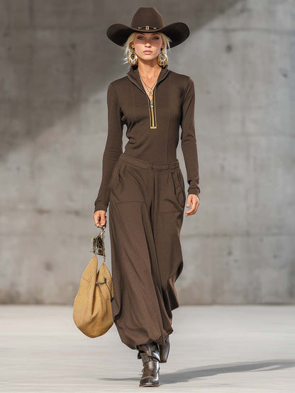 Casual Retro Sports Dark Gray Half-high Collar Front Zipper Long-sleeved Top And Wide Pants Set