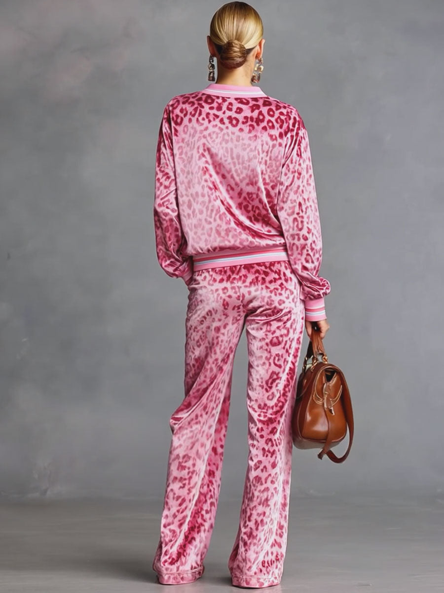 Casual Sporty Retro Pink Velvet Leopard Print Sweatshirt And Wide-Leg Pants Set