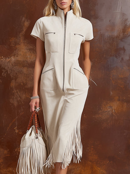 Elegant Retro-style Off-white Faux Suede Short-sleeved Midi Dress