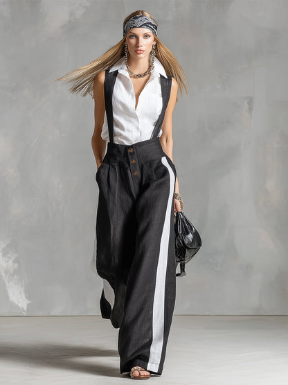 Stylish Urban Detachable Strap Black Cotton And Linen Wide-leg Jumpsuit