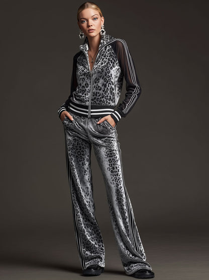 Sporty Retro Striped Mesh Sleeve Gray Leopard Print Velvet Sweatshirt And Pants Set