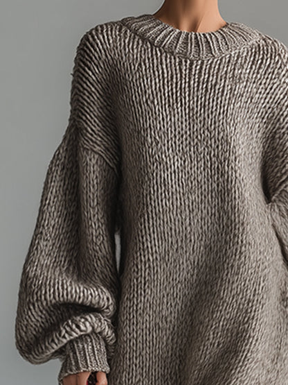 Elegant Urban Silhouette Round Neck Heathered Khaki Knitted Maxi Dress