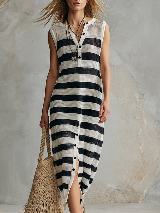 Stylish And Classic Striped Lightweight Knit Sleeveless Midi Dress