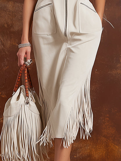 Elegant Retro-style Off-white Faux Suede Short-sleeved Midi Dress