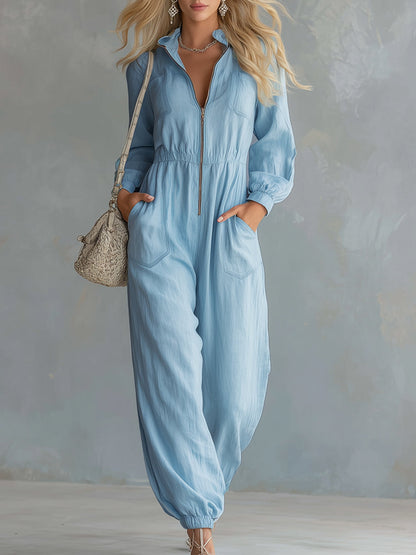 Elegant Urban Style Front-zip Light Blue Cotton And Linen Long-sleeved Jumpsuit
