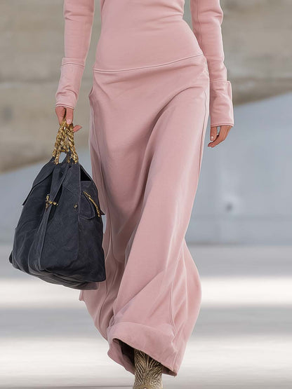 Elegant Retro Sporty V-neck Front Zipper Long-sleeved Pink Maxi Dress
