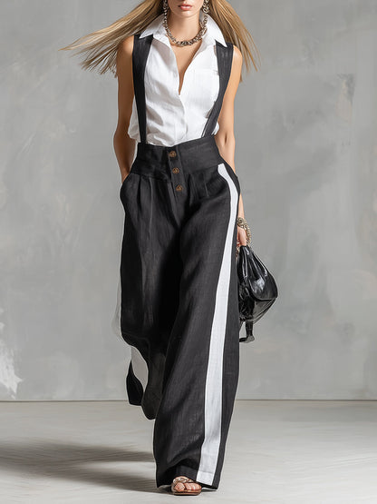 Stylish Urban Detachable Strap Black Cotton And Linen Wide-leg Jumpsuit
