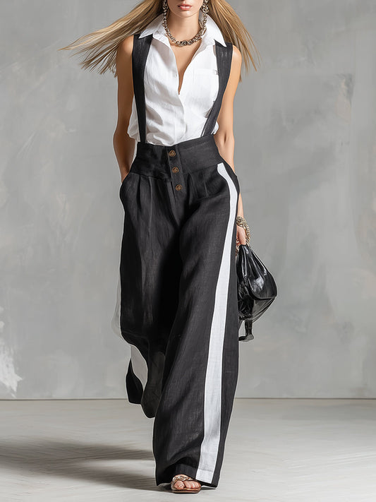 Stylish Urban Detachable Strap Black Cotton And Linen Wide-leg Jumpsuit