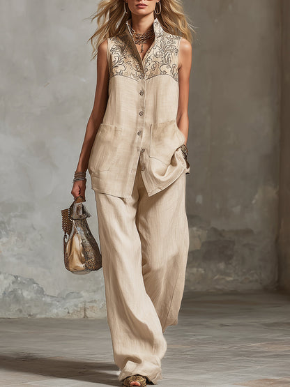 Elegant And High-end Embroidered Cotton And Linen Sleeveless Shirt And Wide-leg Pants Set