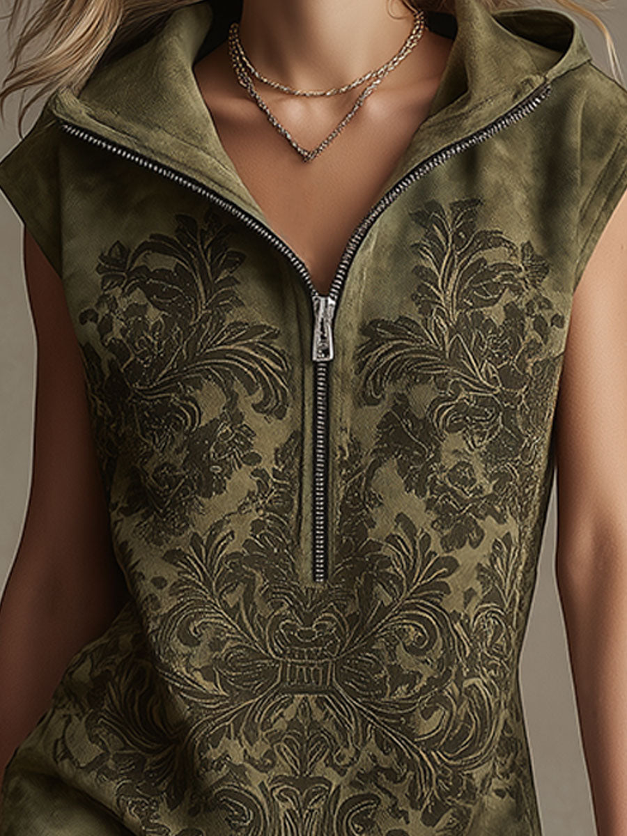 Western Retro Print Green Sleeveless Hooded Zip-up Faux Suede Mini Dress