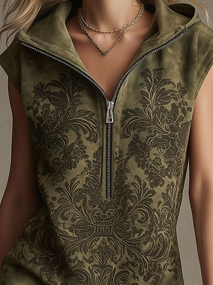 Western Retro Print Green Sleeveless Hooded Zip-up Faux Suede Mini Dress