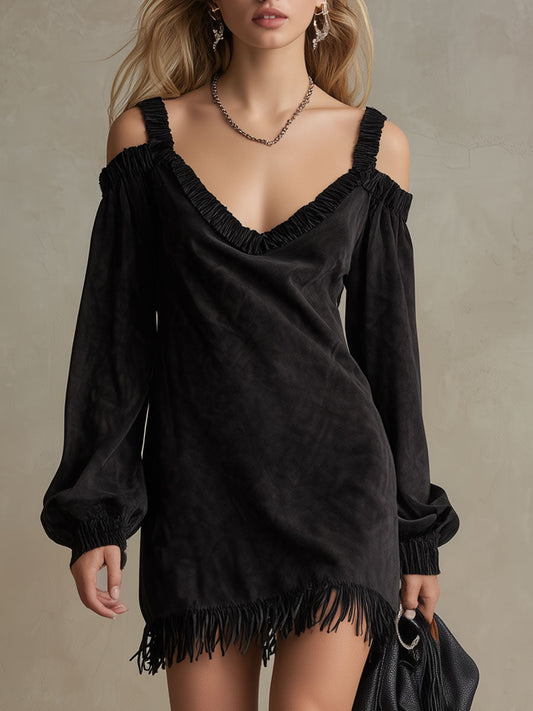 Western Retro Black Long-Sleeved Off-Shoulder Faux Suede Mini Dress