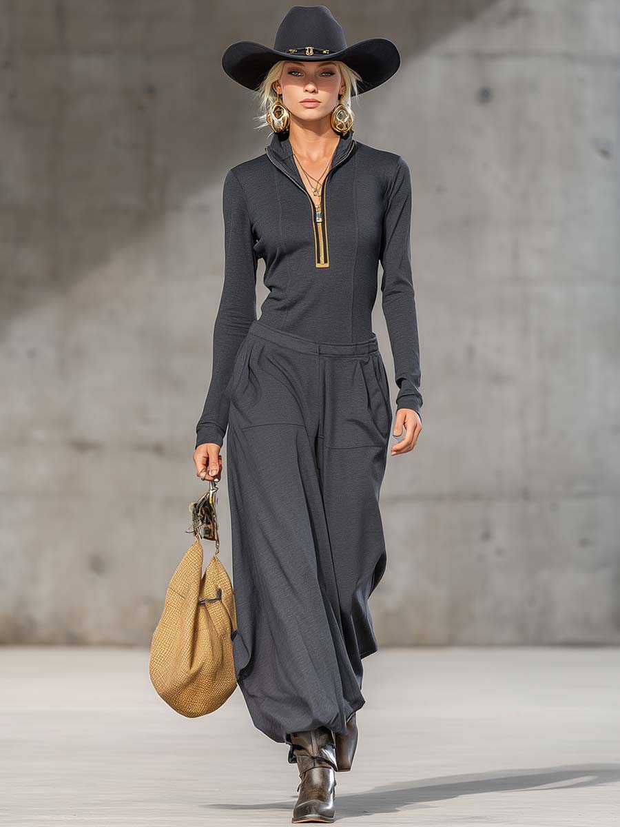 Casual Retro Sports Dark Gray Half-high Collar Front Zipper Long-sleeved Top And Wide Pants Set