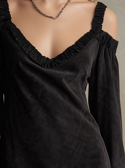 Western Retro Black Long-Sleeved Off-Shoulder Faux Suede Mini Dress