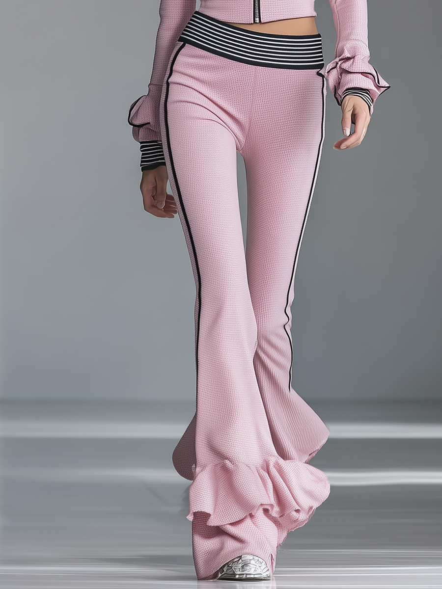 Elegant Sporty Black-trimmed Pink Flared Pants Set